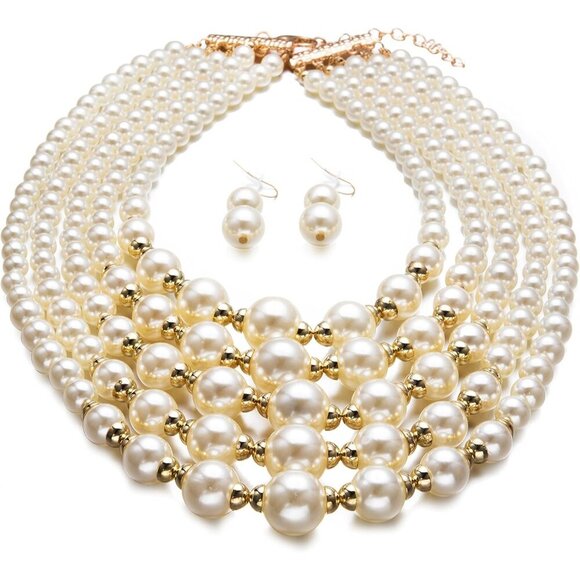 Women Pearl Bead Cluster Collar Necklace Earrings Set Ivory Lightweight - Picture 3 of 7